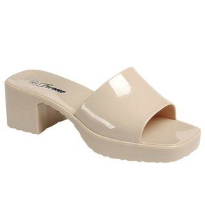 New Nude Beige Platform Jelly Rubber Chunky Block Heel Slip On Sandals